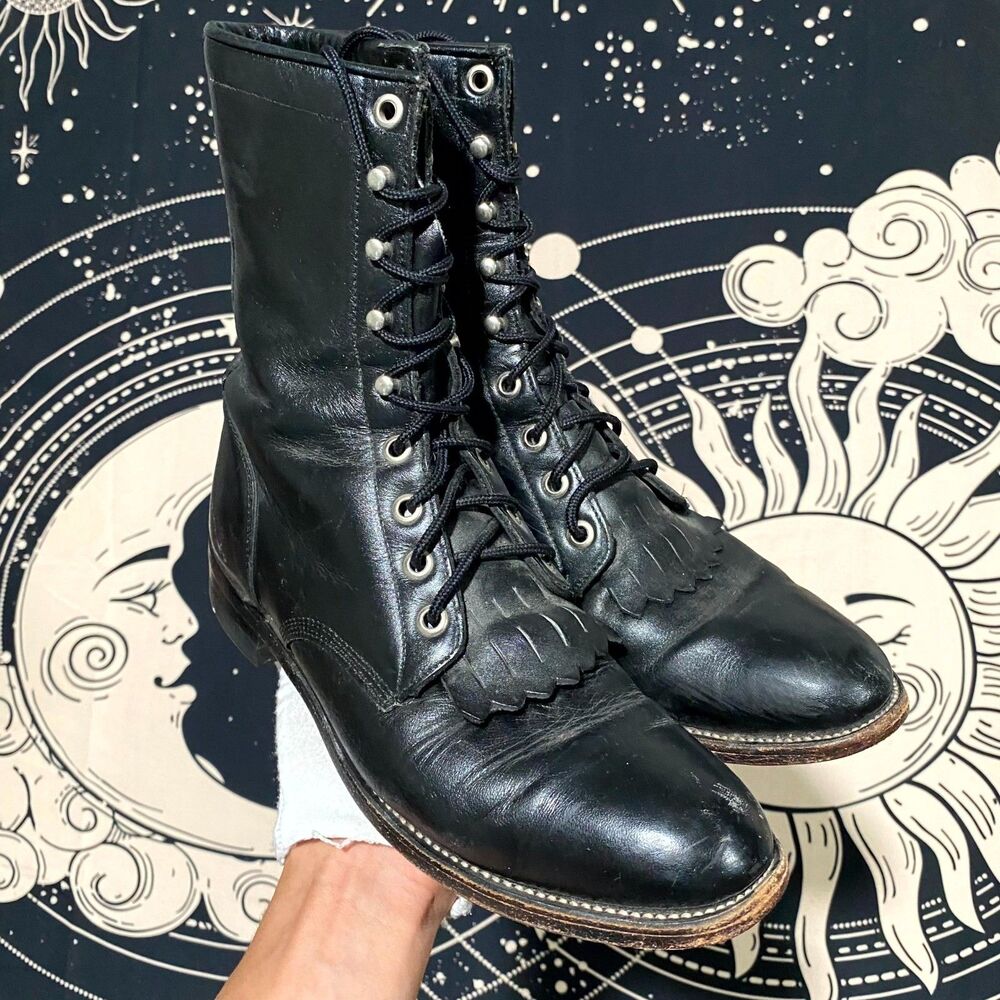Vintage Justin L506 Western Boot Women's 7.5B Black Leather Kiltie Roper Cowgirl